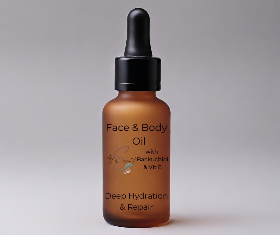 50ml amber dropper bottle of natural face and body oil, used for protecting and nourishing skin.